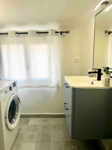 une salle de bain avec une machine à laver et un lavabo dans l'établissement Charmant studio Vieux Nice, à Nice