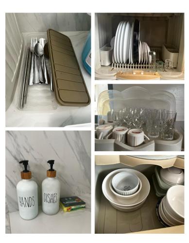 a collage of photos of a refrigerator with plates and dishes at Xavier's Place Coron in Coron