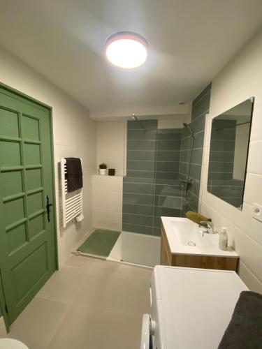 La salle de bains est pourvue d'une porte verte et d'un lavabo. dans l'établissement Cosy Appartement Vieux Nice, à Nice