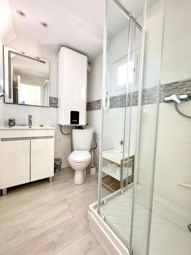 une salle de bain avec toilettes et douche en verre dans l'établissement Appartement avec terrasse, au Grau-dʼAgde