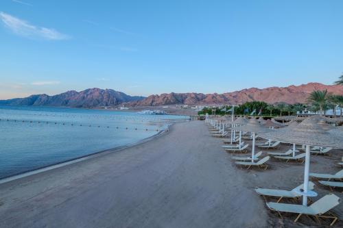 a beach with chairs and tables and the water at JAZ Dahabeya in Dahab