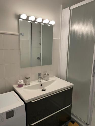 une salle de bain avec un lavabo et une douche avec un miroir dans l'établissement Port Camargue plage sud, Très bel appartement avec vue mer, au Grau-du-Roi