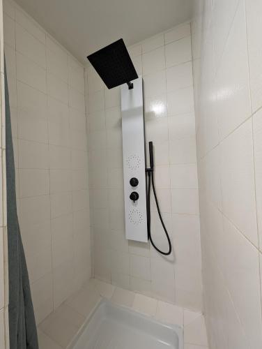 La salle de bains est pourvue d'une douche, d'un lavabo et d'un téléphone. dans l'établissement Joli appartement en centre-ville, à Poitiers
