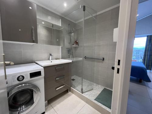 La salle de bains est pourvue d'un lave-linge et d'une douche. dans l'établissement Le Must Cap Hermes, incroyable vue sur port, t2-, à Fréjus
