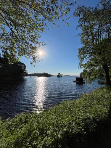 a view of a lake with a boat in the water at Stuga Björkdalen in Växjö
