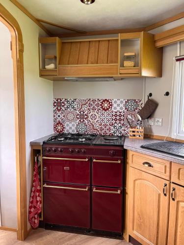a red stove top oven in a kitchen at Comme chez Moi - Mobile-home dans camping à la ferme in Arcomps