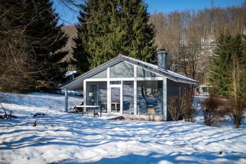 a small house in the snow in the yard at 4 Personen mit Sauna F2H3 in Ruhla
