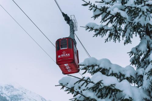 a red bus is on a ski lift in the snow at Balea Teleferic in Cîrţişoara