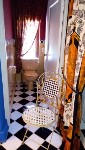 a bathroom with a toilet and a chair in it at Hidden Dragon Guest Rooms in Swellendam