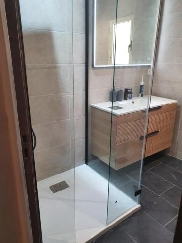 une salle de bain avec une douche en verre et un lavabo dans l'établissement Bavella, à Zonza