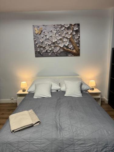 En eller flere senge i et værelse på Coser Apartamenty Metro ONZ