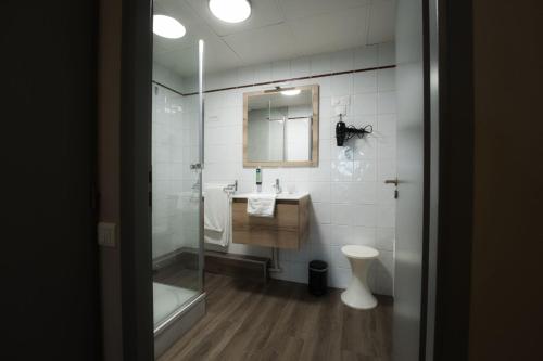 a bathroom with a shower and a sink and a mirror at Logis Restaurant & Hôtel À la 12 in Delme