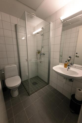 a bathroom with a shower and a toilet and a sink at Skata Hotel Henningsvær in Henningsvær