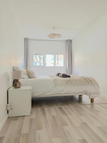a white bedroom with a bed and a window at Appartement jusqu'à 4 Voyageurs in Villeneuve d'Ascq