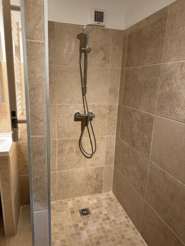 une douche avec pommeau de douche dans une salle de bain dans l'établissement Splendid Provençal Villa with Pool and View, à Aubignan