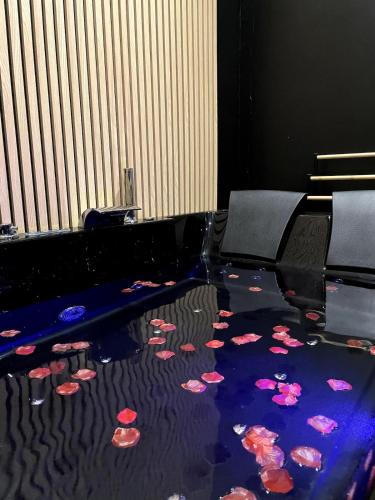 a room with a fish pond in the floor at Suite de Luxe - Jacuzzi & Cave Secrète in Saint-Quentin