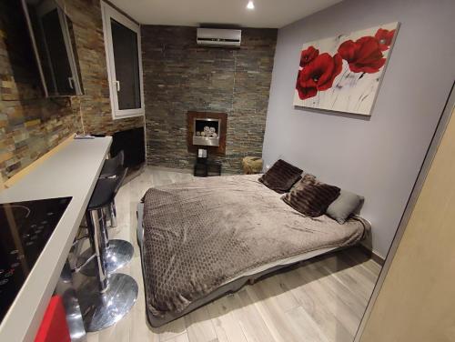 une chambre avec un lit dans le coin d'une pièce dans l'établissement Studio les 2 Alpes au Village 1800m-Commerces et télésiège à 50m-Retour ski au pied, à Les Deux Alpes