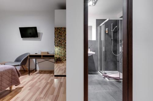 a bathroom with a shower and a bed and a desk at VV hotel & apartments in Brno