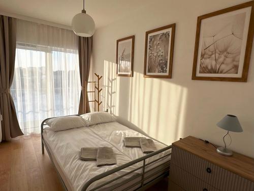 a bedroom with a bed and a large window at Apartament Centrum Moniuszki Lux in Zielona Góra