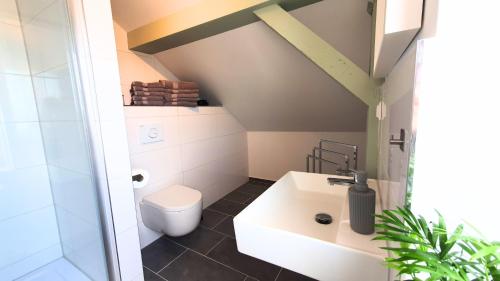 a bathroom with a white toilet and a sink at Good Stay Aparthotel mit kostenlosen Parkplätzen in Dresden