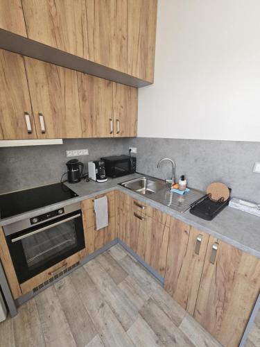 a kitchen with wooden cabinets and a sink at Moderní apartmán vedle divadla - Netflix, Wi-Fi zdarma in Pardubice
