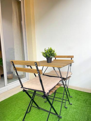 une table et une chaise avec une plante en pot dans l'établissement Studio, climatisation, Terrasse, parking, 1 min Tramway, à Nice