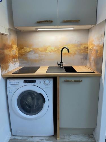 une cuisine avec une machine à laver et un évier dans l'établissement Beau studio avec accès plage, jardin, piscine, tennis, vélos, Netflix, à Cabourg