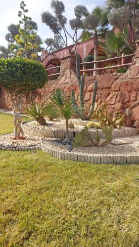 a garden with cactuses and plants in a yard at Chez Mamouchthka in Ourika