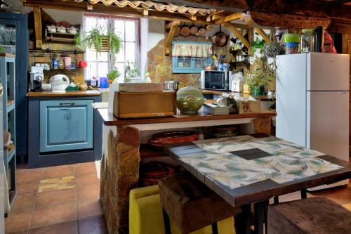 a kitchen with a white refrigerator and a table at Etno kompleks Orahovac - Vila Paun in Vrbica