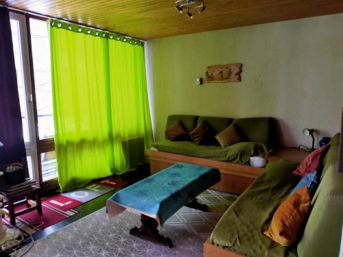 - un salon avec des rideaux verts et un canapé dans l'établissement Escondus, à Vars
