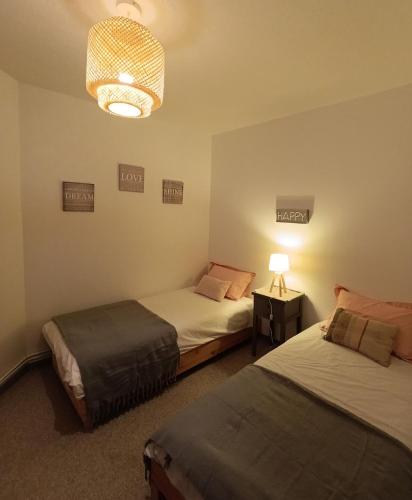a room with two beds and a chandelier at Bel appartement hyper centre in Dax