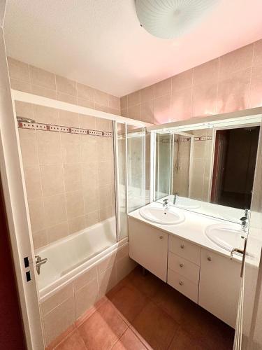 une salle de bain avec un lavabo, un miroir et une baignoire dans l'établissement Appartement vue sur le Chateau, à Vétraz-Monthoux