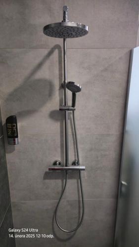 a shower with a faucet and a sink at Apartmán v centru Zlína s parkováním u domu in Zlín