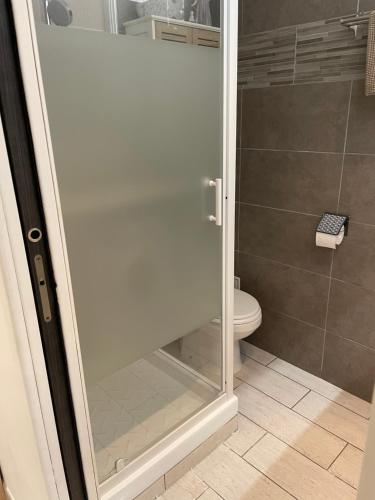 une cabine de douche dans une salle de bain avec toilettes dans l'établissement Appartement de 45 m2 en rez-de-villa avec jardin, à Hyères