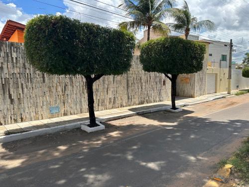 two trees on a street next to a fence at Pousada Conviver in Juazeiro do Norte