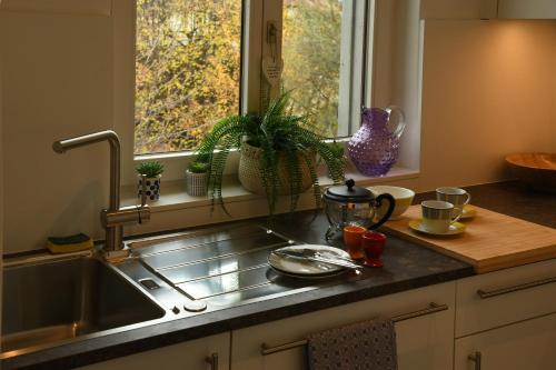 a kitchen counter with a sink and a window at Engel Apartments in Hard