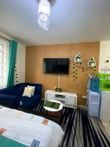 a hotel room with a couch and a tv at Charity homes in Ruiru
