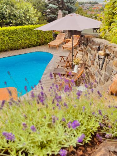 a patio with chairs and an umbrella and a pool at Rotunda U Václava in Šebkovice