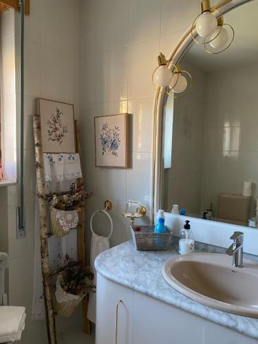 a bathroom with a sink and a mirror at Los Kukos Casa Rural in Riaño