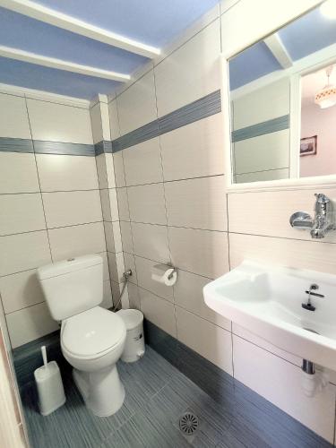 a bathroom with a toilet and a sink at Lovely 2-bedroom with panoramic view in Skopelos Town