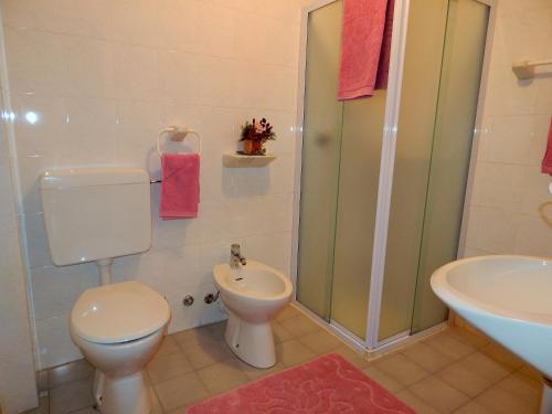 a bathroom with a toilet and a sink and a shower at Albergo Ginevra in Roncone