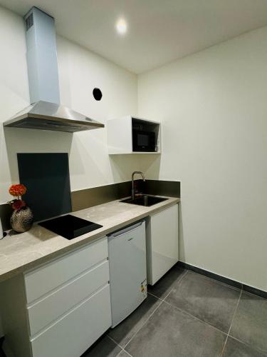une petite cuisine avec des armoires blanches et un évier dans l'établissement Duplex chaleureux, à Livry-Gargan