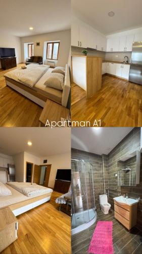 two pictures of a bedroom and a bathroom at Old House Bozovic in Nikšić