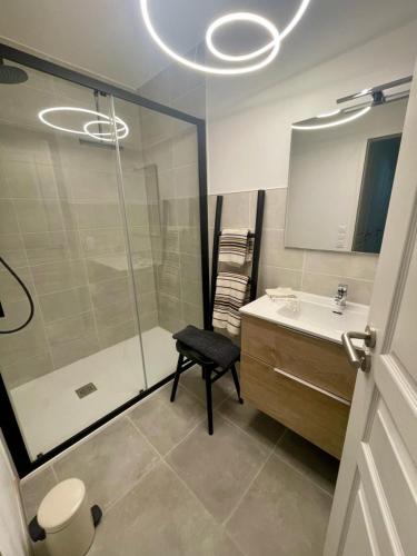 une salle de bain avec douche et lavabo dans l'établissement Le SANTA, à Sainte-Foy-Tarentaise