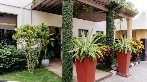 达累斯萨拉姆Peninsula Hotel Dar Es Salaam的一座花园,花园内种植着红色大花瓶,位于一座建筑前