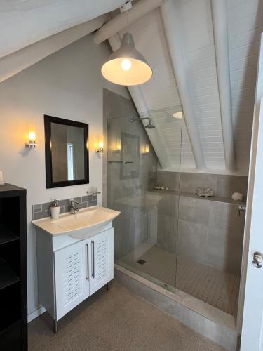 a bathroom with a sink and a shower at 35 On the Run in St Francis Bay