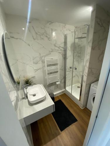 une salle de bain blanche avec un lavabo et une douche dans l'établissement Hono - Studio en plein coeur du centre ville, à Dax