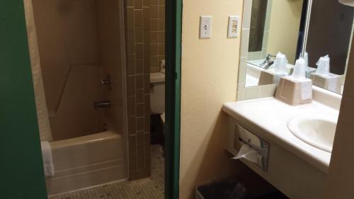 a bathroom with a sink and a toilet and a mirror at Family Budget Inn Harrison in Harrison