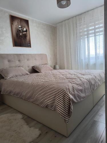 a bedroom with a bed with a striped comforter and a window at Andi Apartment Suceava in Ipoteşti