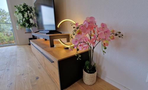 a room with a desk with a mirror and a plant at Mountainside Homestay in Spiez by Menbergs Harmony Homestay in Spiez